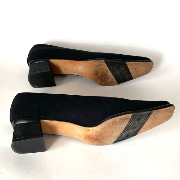 Stuart Weitzman Black Stretch Fabric Pumps Block Heel Sz 8 Office Core Party - Picture 9 of 9